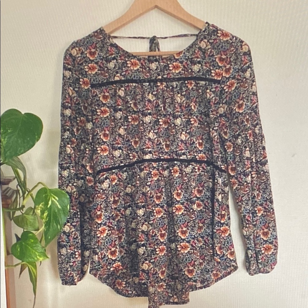 Knox Rose Black Multi Floral Long-Sleeve Peasant Blouse